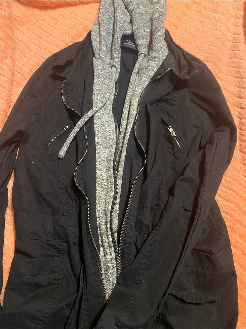 Love Tree Black Woman’s Black Jacket with Gray Inner Hoodie Size Large, new